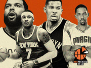 Black and white illustrated collage of four NBA players in team jerseys against an orange background with NBA Preview 2014 logo.