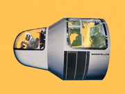 Collage-style editorial illustration of a monkey in a space helmet piloting a biosatellite capsule filled with plants, set against a yellow background.