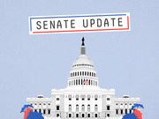 Editorial illustration of the US Capitol building with a Senate Update label in red, white, and blue on a light blue background.
