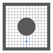 Diagram showing a large dark circle above a grid with a cluster of blue dots, likely illustrating a spatial or probabilistic concept.
