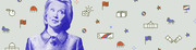Editorial illustration of Hillary Clinton rendered in blue duotone surrounded by small political icons including flags, a donkey, White House, money, and a campaign bus.