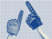 Two foam finger gloves labeled 2020 in light and dark blue tones against a grid background, editorial illustration likely related to the 2020 election.