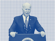 Blue-tinted editorial illustration of a man speaking at a presidential podium against a grid-paper background.