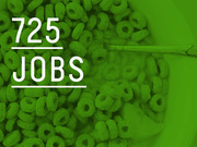 Green-tinted editorial infographic showing the number 725 Jobs in large white text over a background of cereal loops and a pencil.