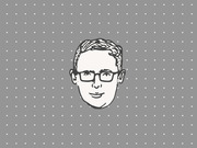 Editorial illustration of a person's face with glasses, drawn in a minimalist line-art style on a gray dotted background.