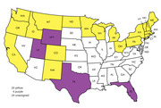 US map showing states colored yellow (20), purple (4), or white/unassigned (24), with state abbreviations labeled.