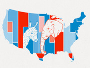 Editorial illustration of a US map filled with red and blue bars overlaid with a Democratic donkey and Republican elephant facing each other.