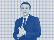 Blue-tinted editorial illustration of a man in a suit and tie against a grid background, appearing to be a stylized portrait of Emmanuel Macron.