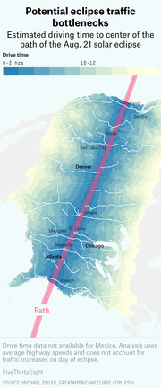 Color-coded map of the US showing estimated driving time to the center of the Aug. 21 solar eclipse path, with the eclipse path marked in pink.