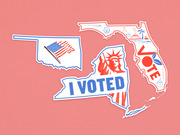 Illustrated sticker-style outlines of Oklahoma, New York, and Florida with voting-themed text and icons including the Statue of Liberty and an American flag.