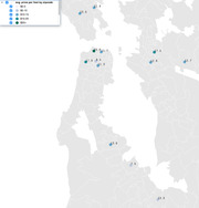 A geographic map showing average price per foot by zipcode in what appears to be the San Francisco Bay Area, with colored dots indicating price ranges from $0-5 to $20+.