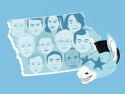 Editorial illustration of a Democratic donkey holding a group photo of multiple illustrated Democratic presidential candidate faces in blue tones.