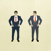 Editorial illustration of two men in dark suits and red ties standing with hands on hips, one wearing glasses, on a cream background.