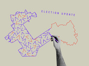 Editorial illustration showing a hand drawing gerrymandered district shapes in blue and red lines, with the text Election Update above.