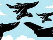 Stylized editorial illustration of multiple black silhouette airplanes flying through a light blue cloudy sky.