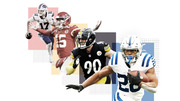Editorial collage of four NFL players from the Bills, Chiefs, Steelers, and Colts posed against colorful geometric background shapes.