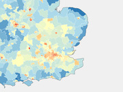 Choropleth map of southeastern England showing regional variation by color, with orange-red areas around London and blue areas along the coast.