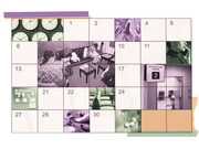 Editorial collage illustration of a calendar grid with numbered days and embedded photos of clocks, waiting rooms, a procedure room sign, pills, and a Whole Woman's Health bulletin board.