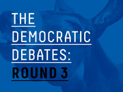 Blue-toned editorial title card reading 'The Democratic Debates: Round 3' with a donkey silhouette in the background.