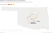 Map of Oklahoma showing paths of all tornadoes with magnitude 3 or greater from 1950 to 2015, with Moore and the Oklahoma City Metropolitan Area highlighted.