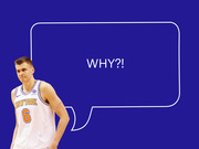 Editorial illustration of a New York Knicks player number 6 with a speech bubble saying WHY?! on a blue background.