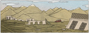 Editorial illustration showing destroyed buildings and a damaged vehicle scattered across a barren landscape with mountains in the background, depicting earthquake or war devastation.