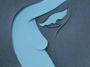 Paper-cut style editorial illustration of a woman's figure in blue tones against a dark grey background, head bowed downward.