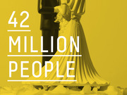 Yellow-tinted editorial graphic showing a wedding cake topper figurine alongside large white text reading 42 Million People.