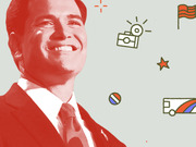Editorial illustration of a smiling politician rendered in red tones against a light background with campaign-themed icons including a camera, flag, star, and campaign bus.