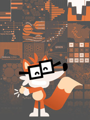 FiveThirtyEight mascot fox wearing glasses posed in front of a collage of various orange-toned data visualizations and charts.