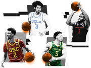 Editorial collage illustration of four college basketball players in USC, UCLA, Oregon Fighting Ducks, and Oregon State uniforms holding basketballs.