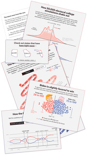 Collage of FiveThirtyEight 2020 election forecast graphics showing electoral college simulations, tight-race state maps, tipping-point states, and Biden vs Trump win probabilities.