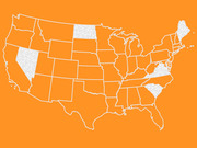 US map with most states shown in orange and a few states highlighted in gray with a hatched pattern, including Nevada, North Dakota, Virginia, South Carolina, and northeastern states.