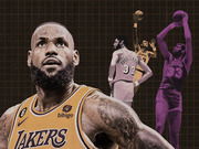 Editorial illustration showing LeBron James in a Lakers jersey in the foreground with Kareem Abdul-Jabbar depicted twice in the background, on a dark grid backdrop.