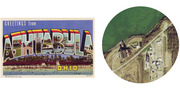 Vintage Greetings from Ashtabula Ohio postcard illustration alongside a circular aerial satellite photo of an industrial facility near a waterway.