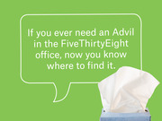Green editorial graphic with a speech bubble quote about finding Advil at the FiveThirtyEight office, accompanied by a photo of a tissue box.