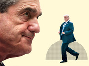 Editorial photo collage showing a close-up face in profile on the left watching a full-body figure of a man in a suit walking on the right, set against a pale yellow background with a grid semicircle.