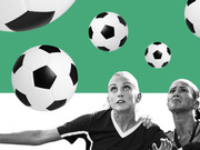 Editorial illustration showing two female soccer players in black and white looking up at multiple soccer balls floating against a green and white background.