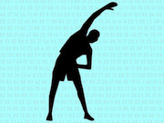 Black silhouette of a person stretching sideways on a teal background filled with random numbers.