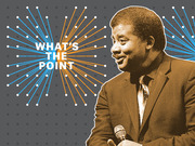 Stylized editorial illustration for FiveThirtyEight's What's The Point podcast featuring a man holding a microphone against a starburst graphic background.