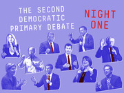 Editorial illustration showing ten Democratic presidential candidates in blue duotone for Night One of the Second Democratic Primary Debate.