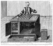 Historical engraving of the Mechanical Turk chess-playing automaton showing a turbaned figure at a cabinet with exposed clockwork machinery inside.