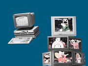 Editorial illustration showing a retro computer displaying March Madness predictions alongside stacked vintage TVs showing college basketball mascots including UConn, Wisconsin, Texas Tech, and Michigan State.