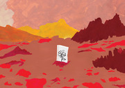 Editorial illustration of a barren red landscape with mountains and a small piece of notebook paper showing a hand-drawn flower growing from the ground.