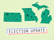 Editorial illustration showing three US state silhouettes decorated with stars in green, with an Election Update label in red, white, and blue.