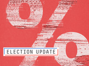 Red editorial illustration featuring a large distressed percent sign with an Election Update label in blue and red borders.