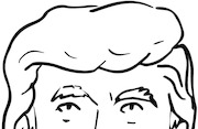 Black and white line drawing illustration of a person's face with distinctive hair, resembling a caricature.