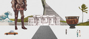 Collage illustration featuring the Metropolitan Museum of Art facade surrounded by eclectic elements including medieval armor, Hokusai wave, Greek vase, pyramid, NYC taxi, and small figures.