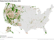 Map of the United States showing federal land in all 50 states as of 2016, colored by protection level: designated (green) and undesignated (tan).