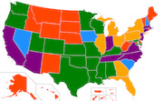Color-coded map of the United States including Alaska, Hawaii, and Puerto Rico showing states grouped into categories by color.